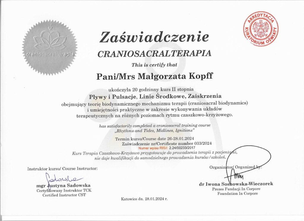 1,5-roczne szkolenie z zakresu Terapii Czaszkowo-Krzyżowej u mgr Justyny Sadowskiej