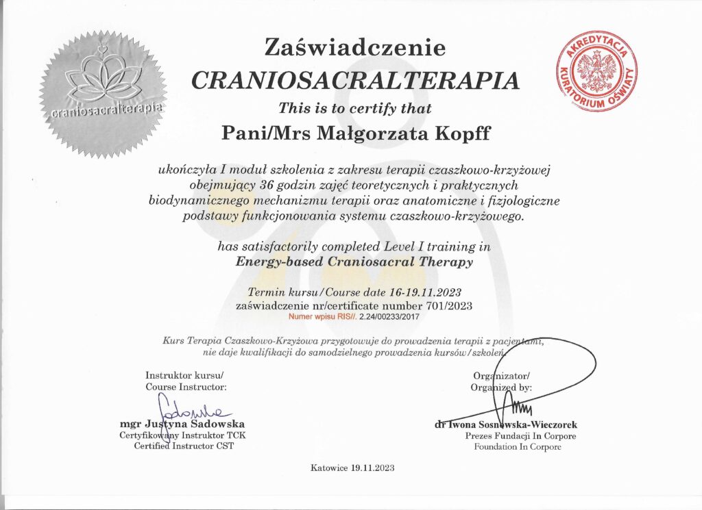 1,5-roczne szkolenie z zakresu Terapii Czaszkowo-Krzyżowej u mgr Justyny Sadowskiej