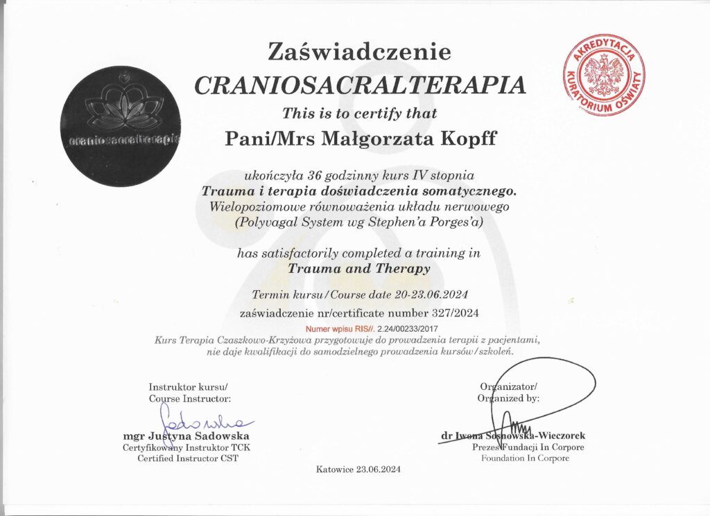 1,5-roczne szkolenie z zakresu Terapii Czaszkowo-Krzyżowej u mgr Justyny Sadowskiej