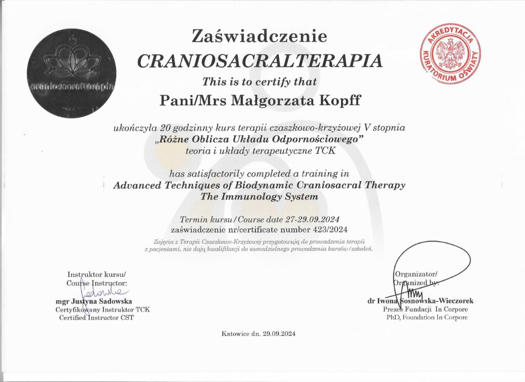 1,5-roczne szkolenie z zakresu Terapii Czaszkowo-Krzyżowej u mgr Justyny Sadowskiej