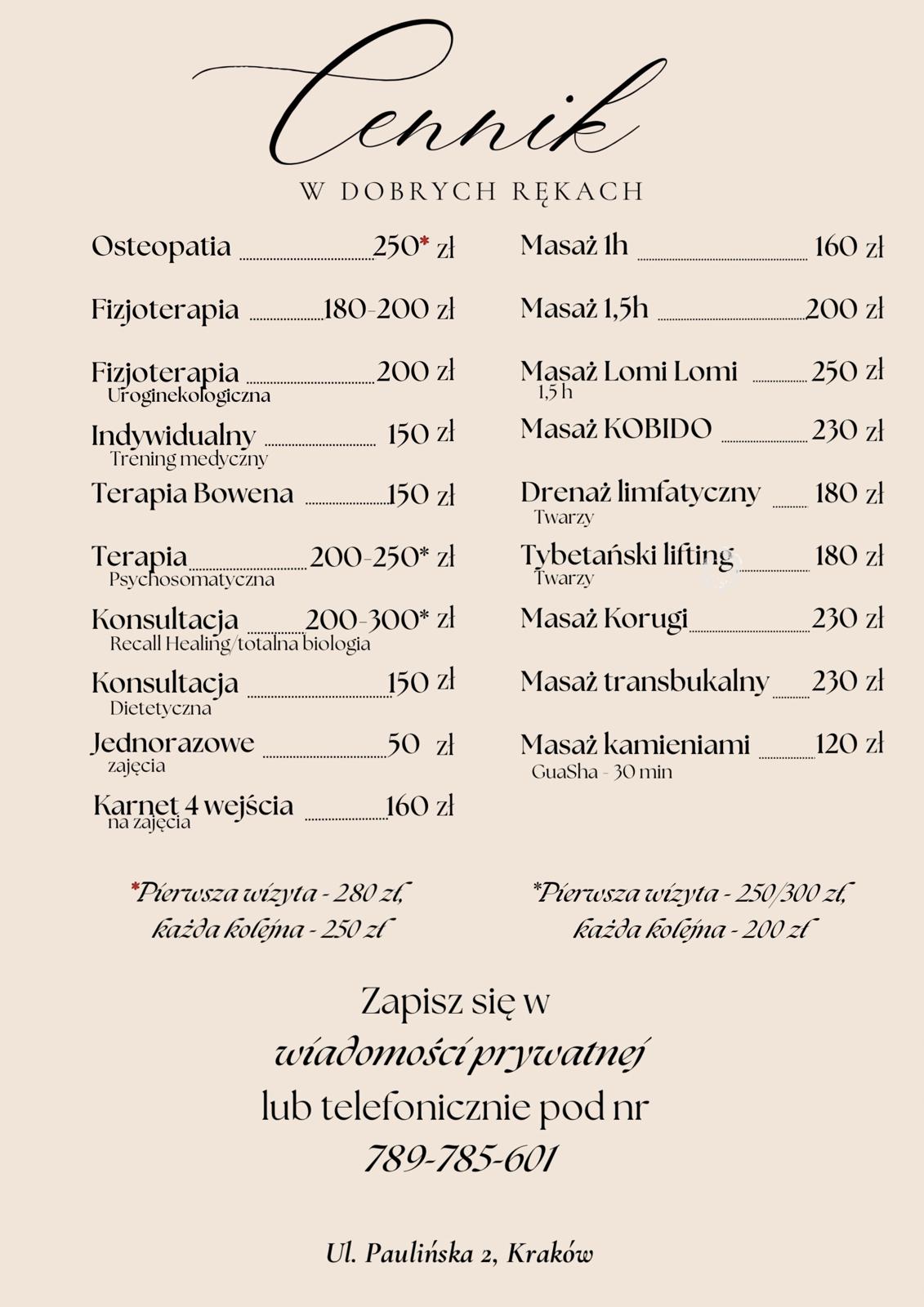 Cennik usług zdrowotnych i terapeutycznych